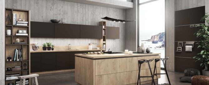Küchenstudio Eine moderne Küche mit Holzschränken und einer Holzinsel.