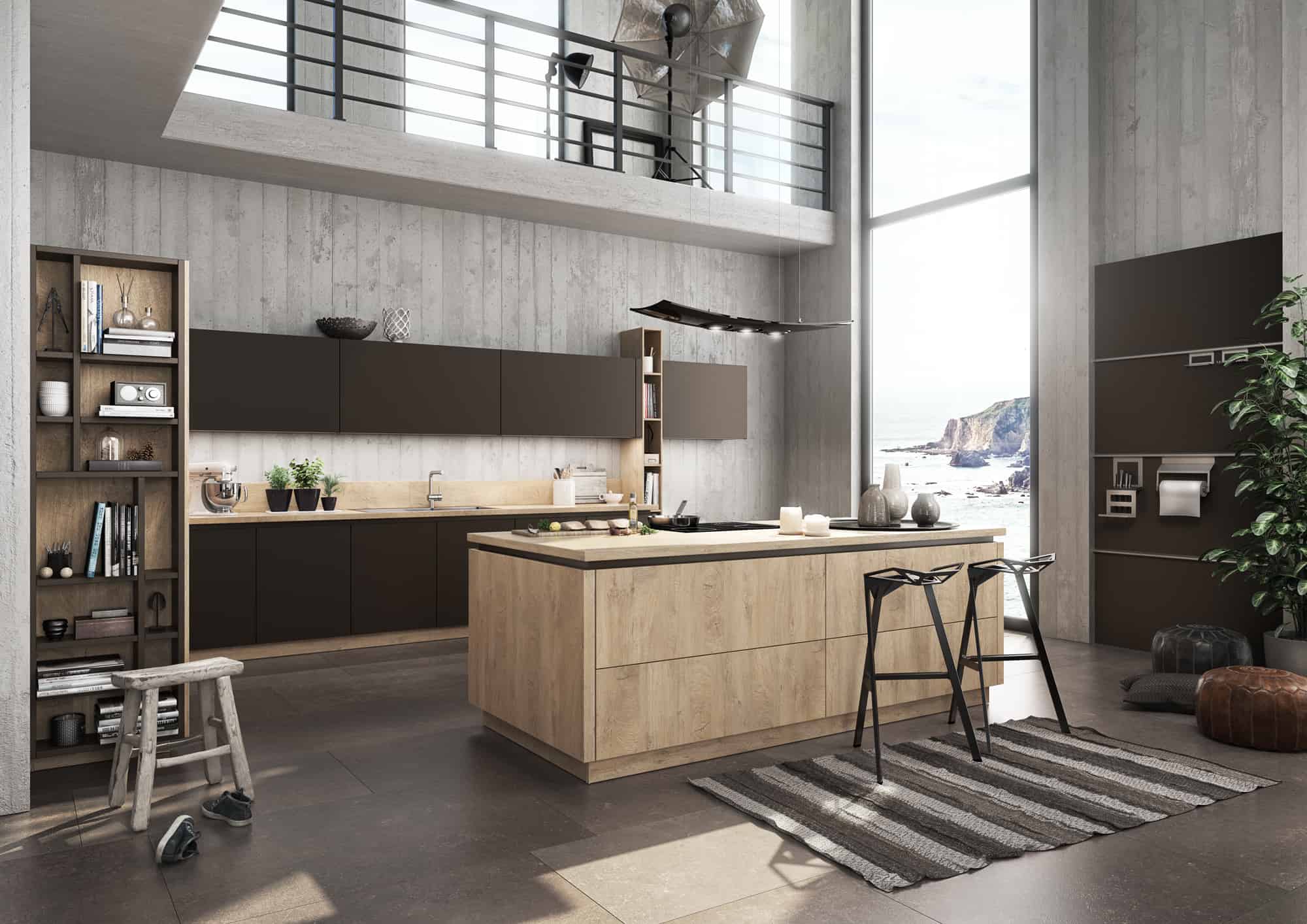 Küchenstudio Eine moderne Küche mit Holzschränken und einer Holzinsel.