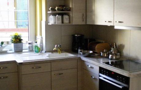 Küchenstudio Eine kleine Küche mit Herd und Spüle, geeignet für Referenzen.