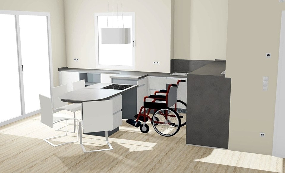 Küchenstudio Ein Bild einer Küche mit einem Rollstuhl darin.