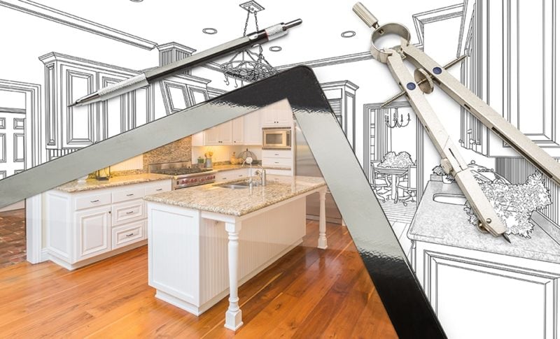 Küchenstudio Eine Zeichnung einer Küche mit Werkzeugen und einem Kompass.