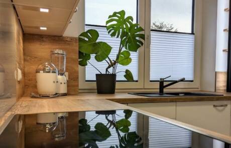 Küchenstudio Eine Küche mit Fenster und einer Topfpflanze.