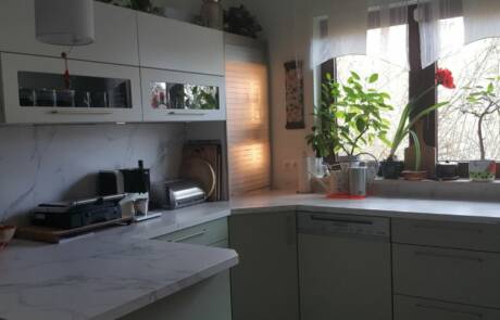 Küchenstudio Eine Küche mit grünen Schränken und einem Fenster.