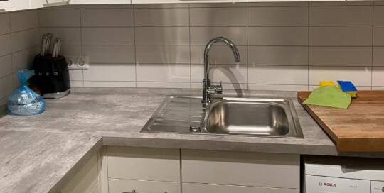 Küchenstudio Eine Küche mit Waschmaschine und Spüle.