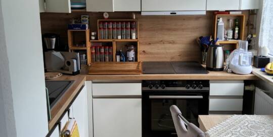 Küchenstudio Eine kleine Küche mit Herd und Backofen.