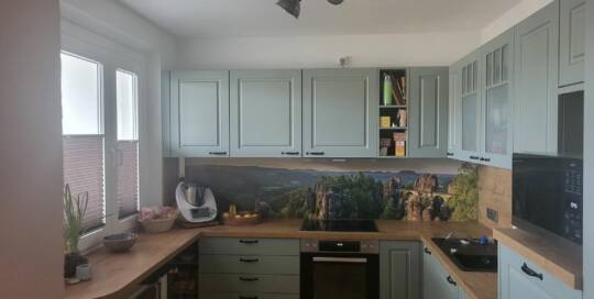 Küchenstudio Eine kleine Küche mit blauen Schränken und einem Herd.
