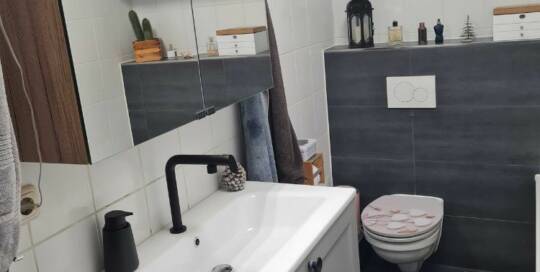 Küchenstudio Ein kleines Badezimmer mit Waschbecken und Toilette.