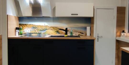 Küchenstudio Eine Küche oder Küchenzeile mit einem Bild an der Wand.