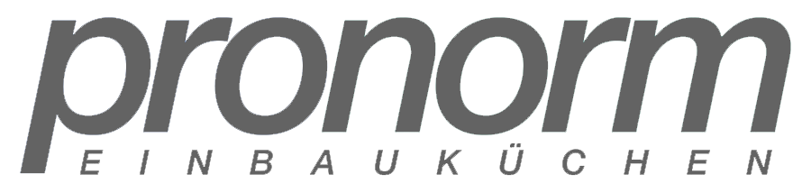 Küchenstudio Logo mit dem Wort „pronorm“ in großer grauer Schrift und „EINBAUKÜCHEN“ in kleineren Buchstaben darunter, das die Essenz eines Premium-Küchenstudios Nürnberg einfängt.