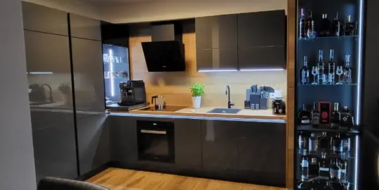 Küchenstudio Moderne Küche mit dunklen Schränken, integrierten Geräten und einer Topfpflanze auf der Arbeitsplatte. In einer Vitrine rechts stehen verschiedene Glasflaschen.