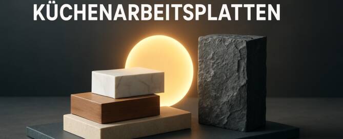 Küchenstudio Drei rechteckige Muster von Arbeitsplattenmaterialien - heller Stein, Holz und Marmor - sind neben einer rauen schwarzen Steinplatte gestapelt; der Text darüber lautet "Materialien für Küchenarbeitsplatten".