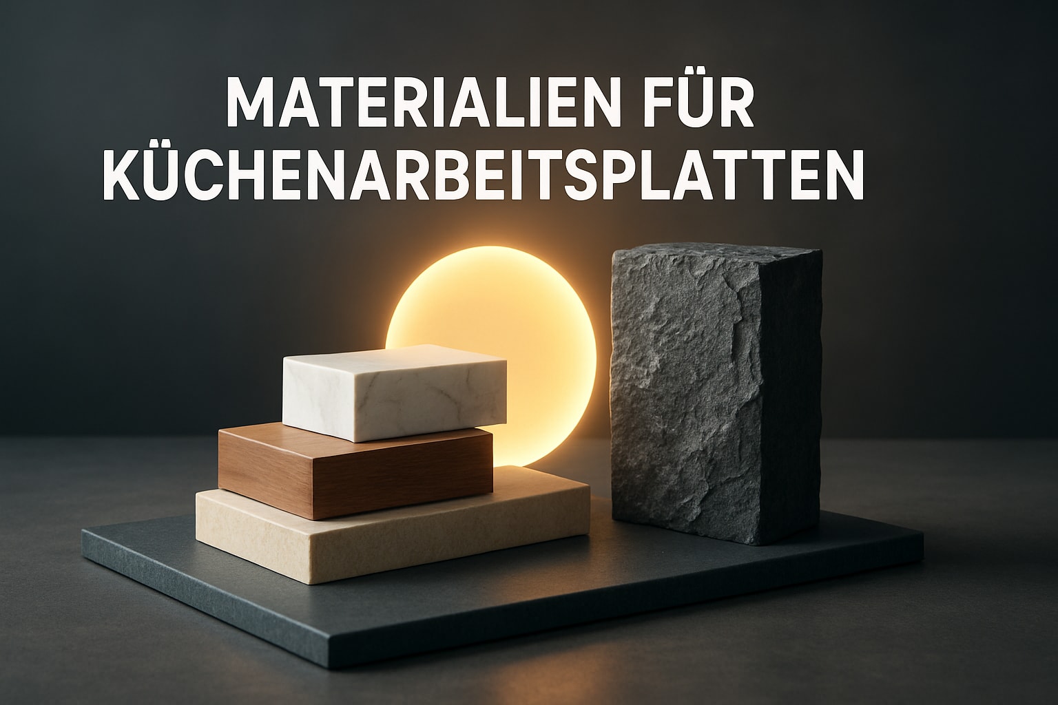 Küchenstudio Eine Auslage mit gestapelten Materialmustern für Küchenarbeitsplatten - Holz, Marmor und Stein - auf einer dunklen Fläche, mit einem leuchtenden Kreis und dem deutschen Text "Materialien für Küchenarbeitsplatten" darüber.