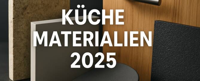 Küchenstudio Verschiedene Muster von Küchenmaterialien, darunter Holz, Stein und strukturierte Oberflächen, sind aufrecht angeordnet. Der deutsche Text "Küche Materialien 2025" steht mittig über dem Bild.