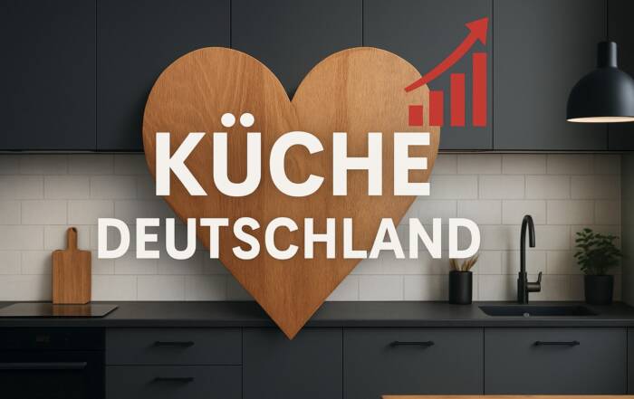 Küchenstudio Moderne Küche mit dunklen Schränken, Herzdekor aus Holz und dem Text "Küche Deutschland" sowie einem roten, nach oben zeigenden Symbol.