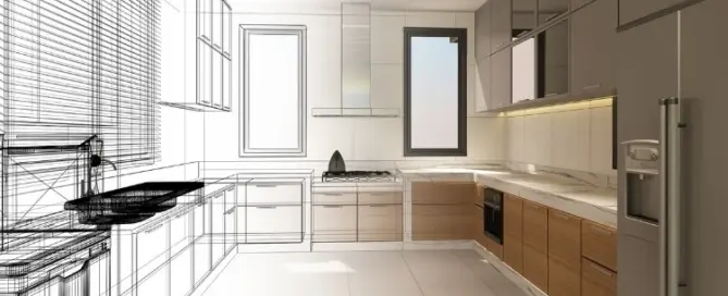 Küchenstudio Ein modernes Küchendesign, das teilweise in 3D gerendert wurde, zeigt den Übergang von der Drahtgitterzeichnung auf der linken Seite zur fertigen digitalen Inneneinrichtung auf der rechten Seite.