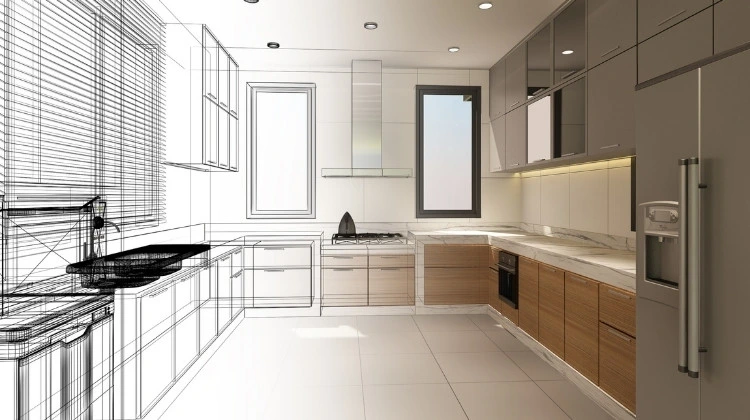 Küchenstudio Ein modernes Küchendesign, das teilweise in 3D gerendert wurde, zeigt den Übergang von der Drahtgitterzeichnung auf der linken Seite zur fertigen digitalen Inneneinrichtung auf der rechten Seite.