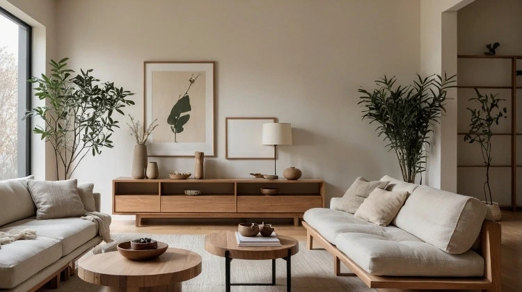 Küchenstudio Ein modernes Wohnzimmer mit zwei beigen Sofas, hölzernen Couchtischen, Topfpflanzen, einem Sideboard, neutralem Dekor und gerahmten Kunstwerken an einer hellen Wand.