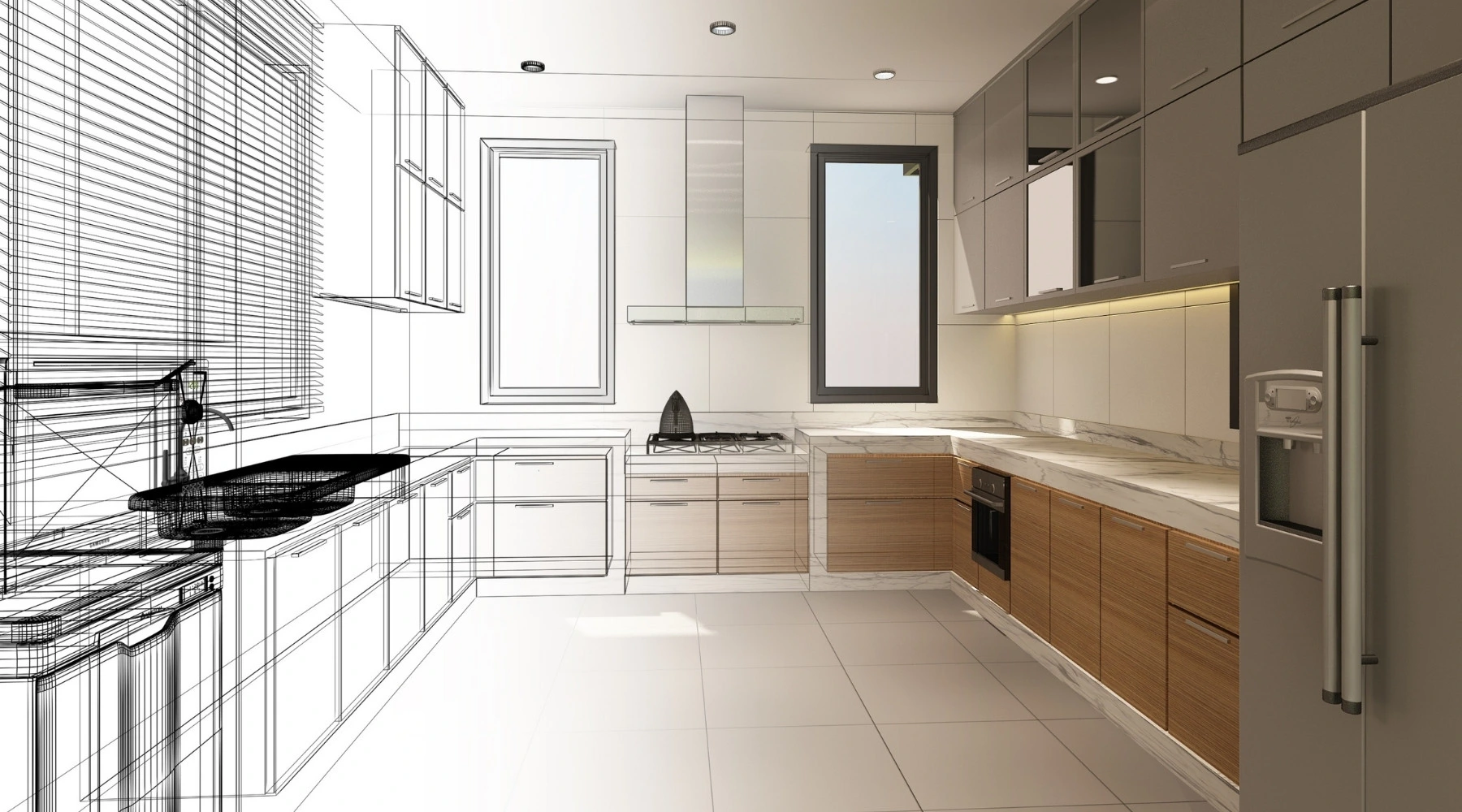 Küchenstudio Ein Küchenentwurf wird zur Hälfte als detailliertes 3D-Rendering mit modernen Oberflächen und zur Hälfte als schwarz-weiße architektonische Drahtgitterzeichnung dargestellt.