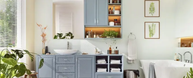 Küchenstudio Modernes Badezimmer mit hellblauen Schränken, weißer Arbeitsplatte, Zimmerpflanzen, offenen Regalen mit Toilettenartikeln, einer Badewanne und botanischer Wandkunst. Durch die Jalousien strömt natürliches Licht herein.