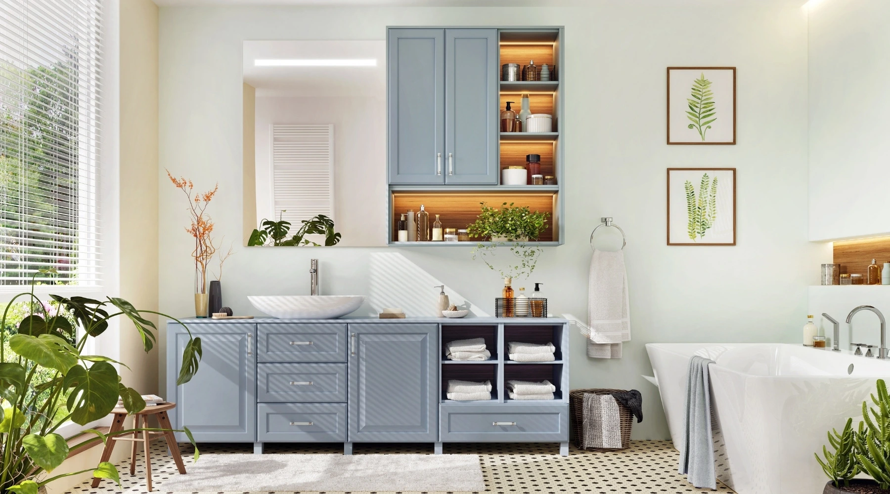 Küchenstudio Modernes Badezimmer mit hellblauen Schränken, weißer Arbeitsplatte, Zimmerpflanzen, offenen Regalen mit Toilettenartikeln, einer Badewanne und botanischer Wandkunst. Durch die Jalousien strömt natürliches Licht herein. Küchenstudio Modernes Badezimmer mit hellblauen Schränken, weißer Arbeitsplatte, Zimmerpflanzen, offenen Regalen mit Toilettenartikeln, einer Badewanne und botanischer Wandkunst. Durch die Jalousien strömt natürliches Licht herein.