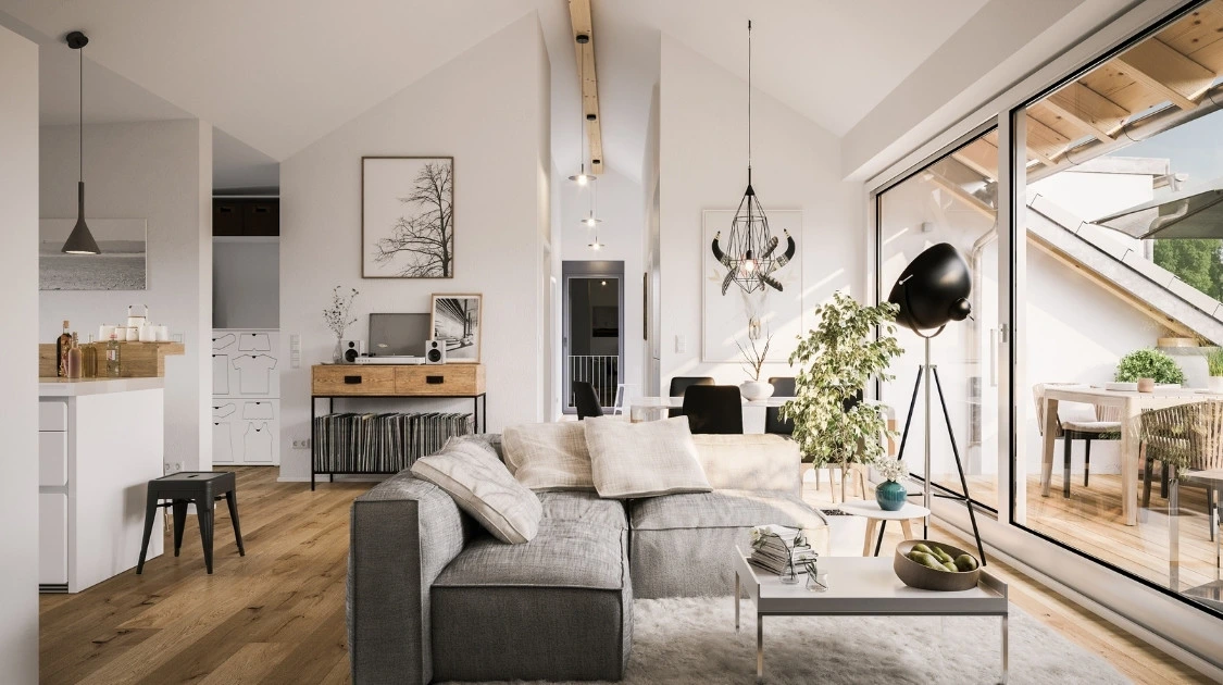 Küchenstudio Modernes, offenes Wohnzimmer mit grauem Sofa, Holzboden, Essbereich, großen Fenstern, Zimmerpflanzen und Zugang zu einem Balkon mit Sitzgelegenheiten im Freien.