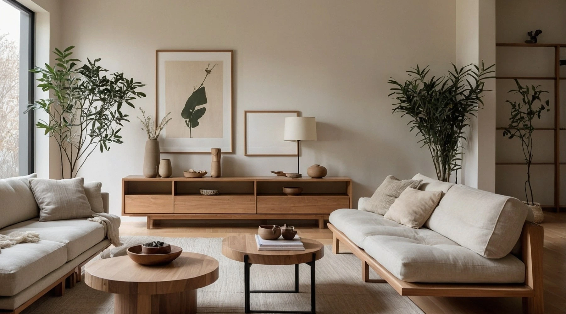 Küchenstudio Ein modernes Wohnzimmer mit neutral getönten Möbeln, zwei Sofas, Holztischen, Topfpflanzen und einer minimalistischen Einrichtung mit gerahmten Kunstwerken an der hellen Wand.