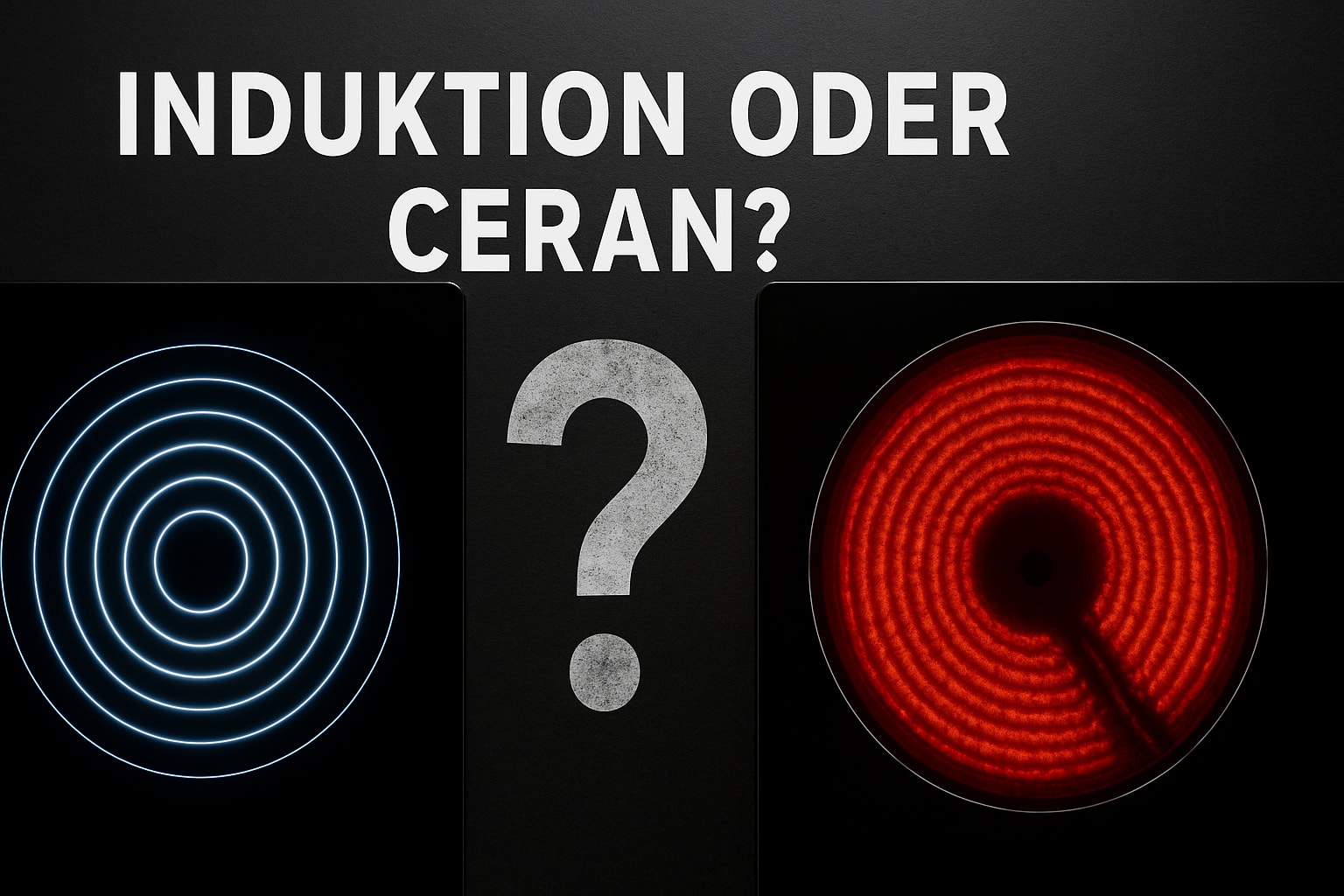Küchenstudio Gegenüberstellung von Induktions- und Keramikkochfeldern mit dem Text "Induktion oder Ceran?" und einem großen Fragezeichen in der Mitte.