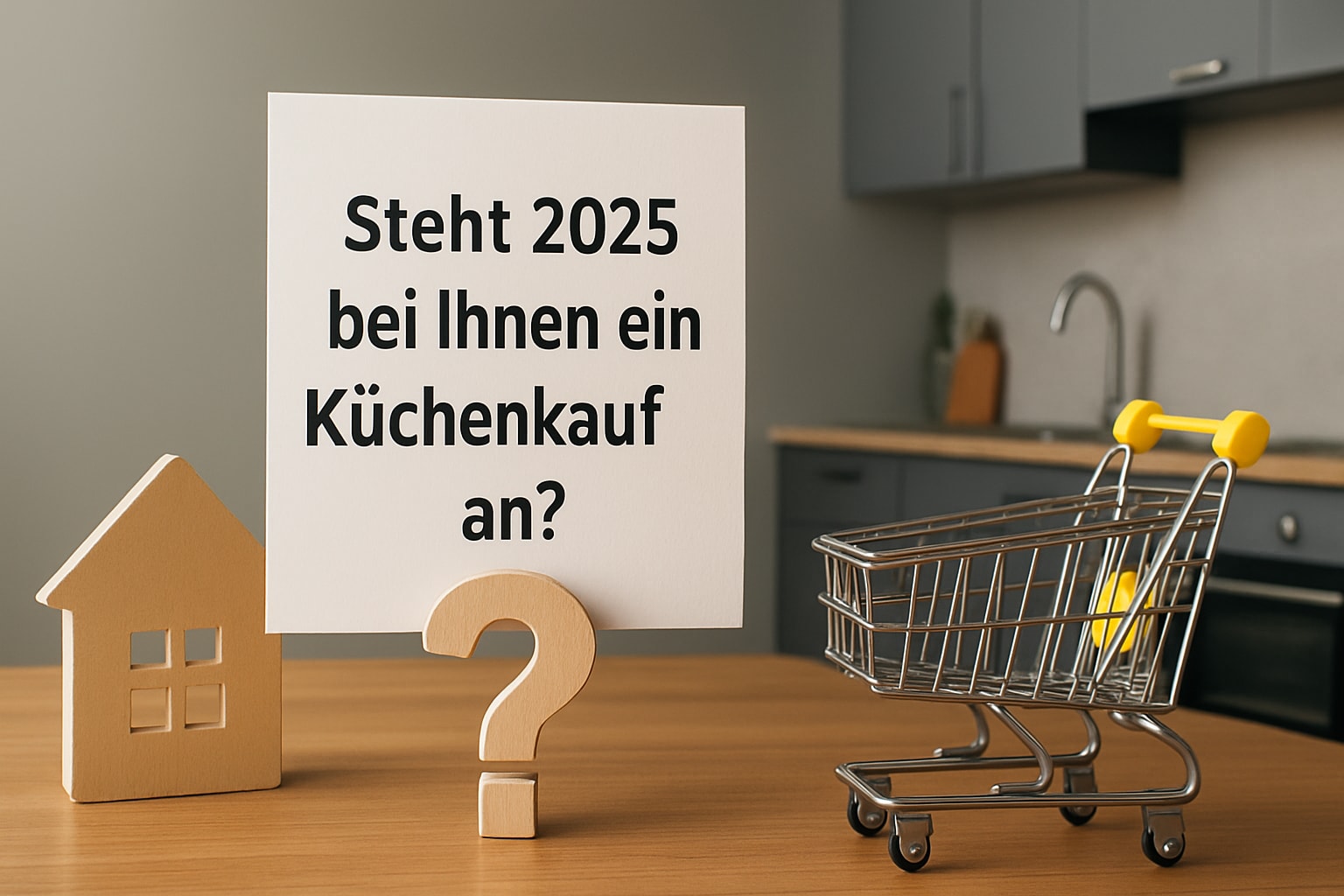 Küchenstudio Ein Schild in deutscher Sprache fragt nach der Planung eines Küchenkaufs im Jahr 2025, neben einem Holzhaus, einer Fragezeichenfigur und einem kleinen Einkaufswagen auf einer Küchenzeile.