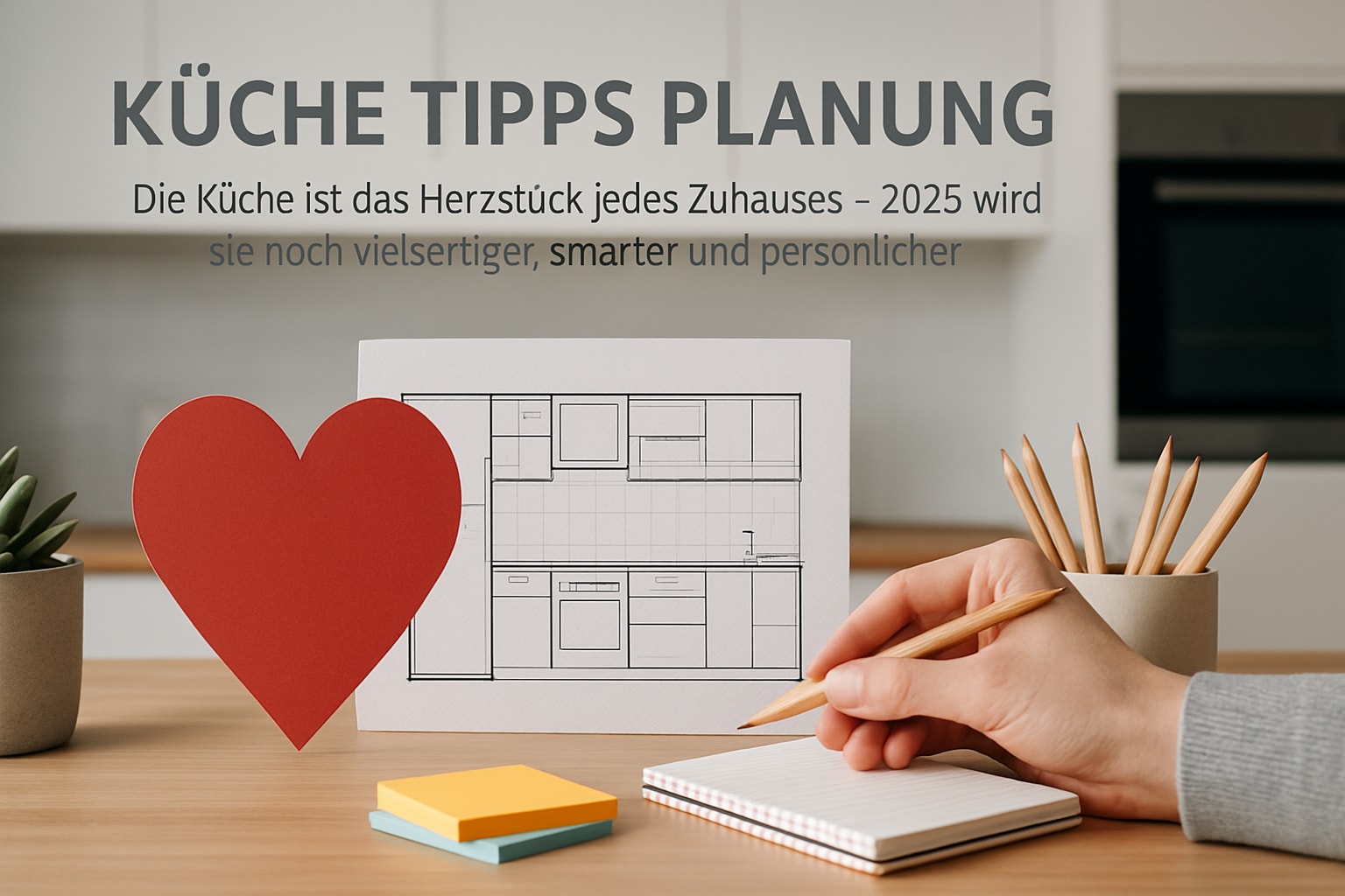 Küchenstudio Eine Hand zeichnet einen Küchengrundriss mit Bleistiften, einem roten Herzausschnitt und Notizblöcken in der Nähe; darüber erscheint ein deutscher Text über Küchenplanung.