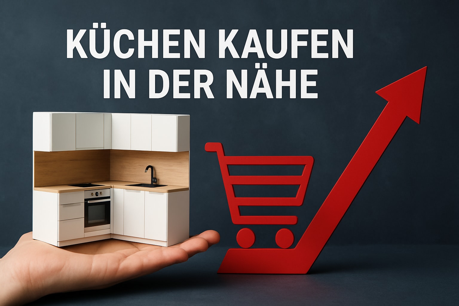 Küchenstudio Eine Hand hält eine Modellküche neben einem roten Einkaufswagen-Symbol mit einem Pfeil nach oben. Der deutsche Text lautet "Küchen kaufen in der Nähe".