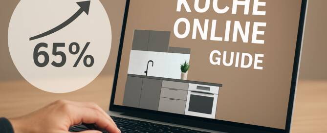 Küchenstudio Eine Person benutzt einen Laptop, auf dem ein Küchenentwurf mit dem deutschen Text "Küche Online Guide" und einer 65%igen Pfeilgrafik nach oben auf dem Bildschirm angezeigt wird.