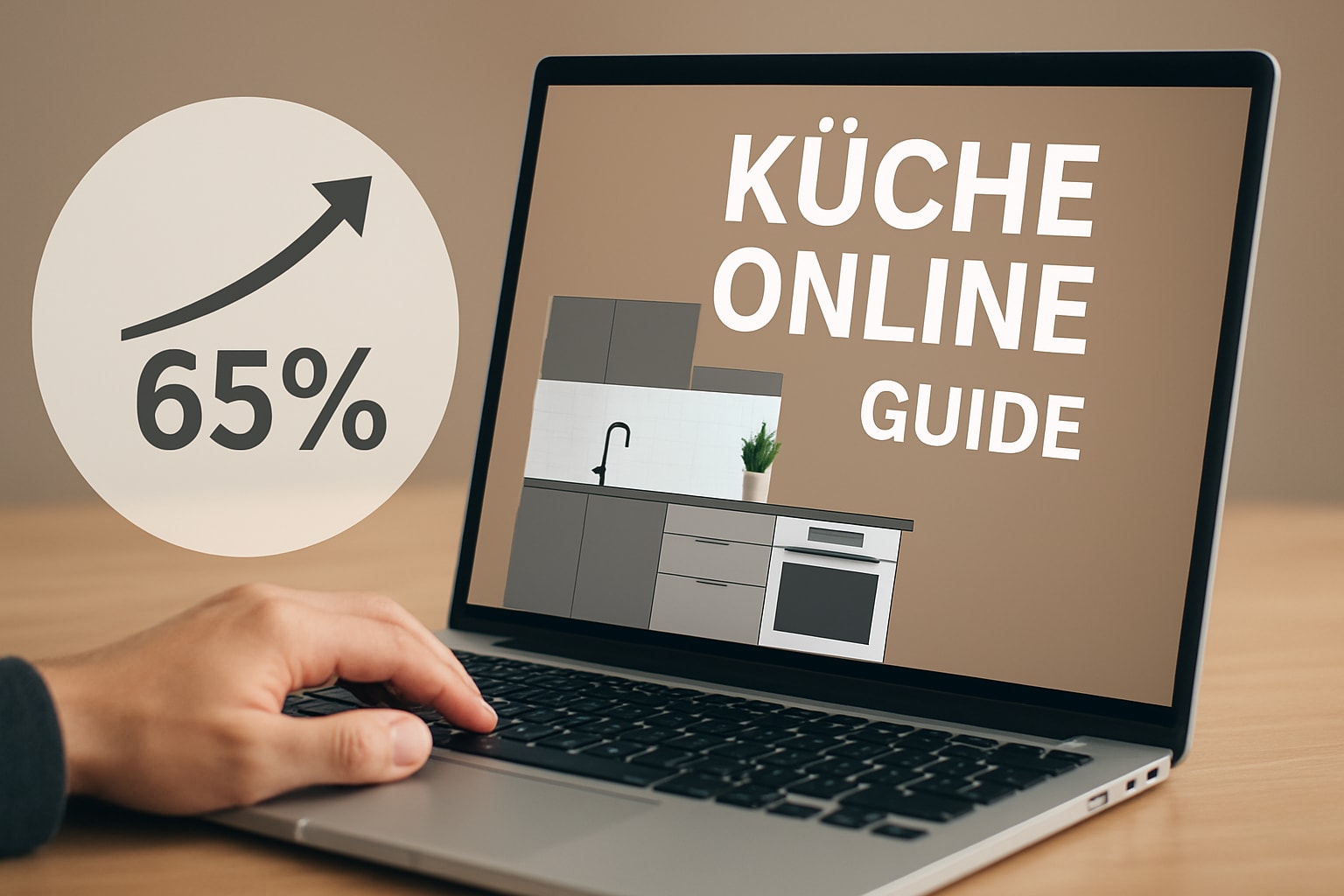 Küchenstudio Eine Person benutzt einen Laptop, auf dem ein Küchenentwurf mit dem deutschen Text "Küche Online Guide" und einer 65%igen Pfeilgrafik nach oben auf dem Bildschirm angezeigt wird.