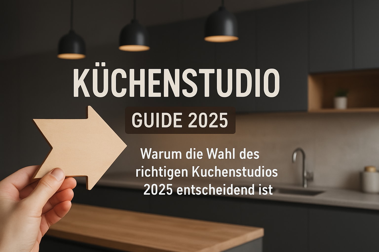 Küchenstudio Eine Hand hält einen hölzernen Pfeil in einer modernen Küche; deutscher Text wirbt für einen Küchenstudio-Ratgeber 2025 über die Auswahl des richtigen Küchenstudios.