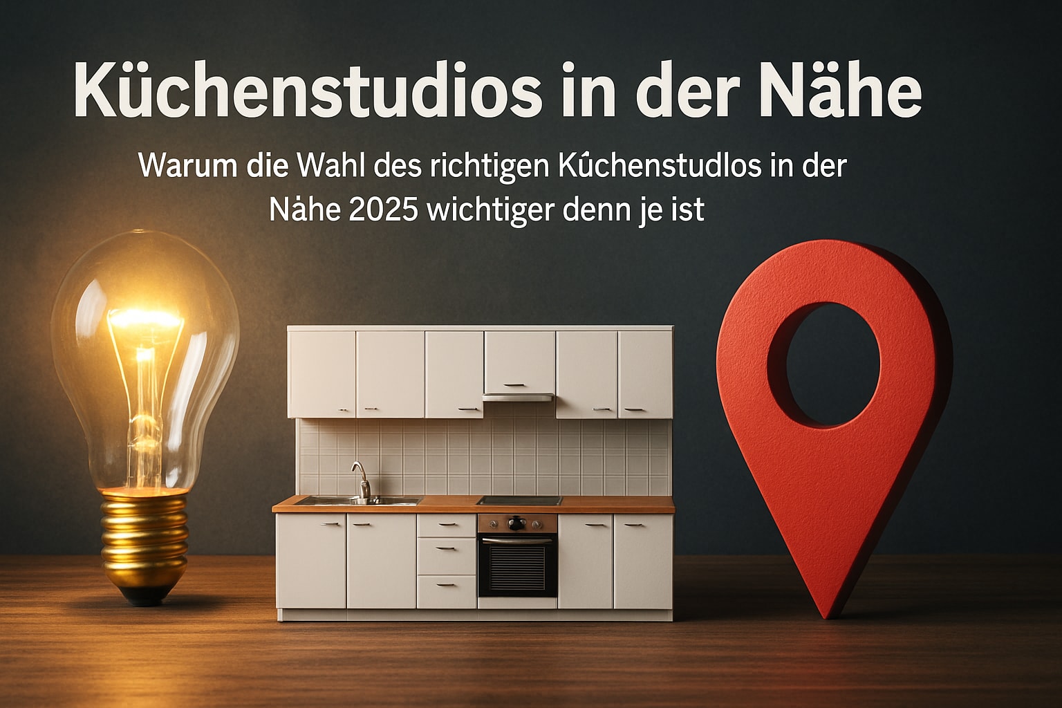 Küchenstudio Eine Modellküche, eine große rote Stecknadel und eine Glühbirne sind unter einem deutschen Text über die Wahl des richtigen Küchenstudios im Jahr 2025 zu sehen.