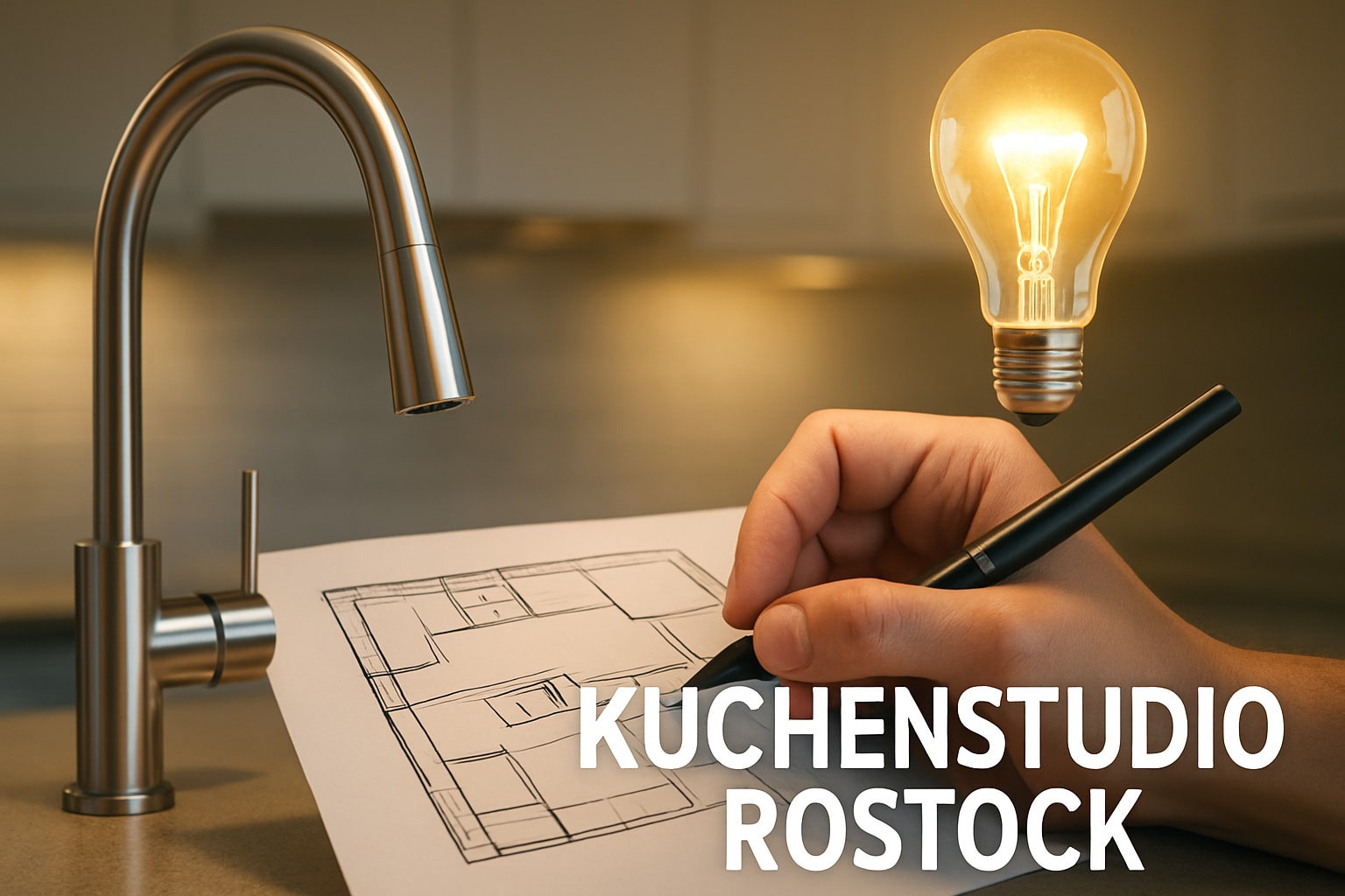 Küchenstudio Eine Hand zeichnet einen Küchengrundriss neben einem Wasserhahn, darüber leuchtet eine Glühbirne und der Text "Kuchenstudio Rostock" steht in fetten Buchstaben.