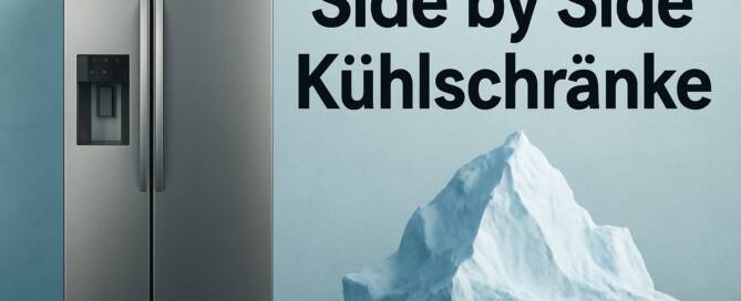 Küchenstudio Ein Side-by-Side-Kühlschrank aus Edelstahl steht neben einem großen Eisberg mit der Aufschrift "Side by Side Kühlschränke" auf einer blauen Wand.