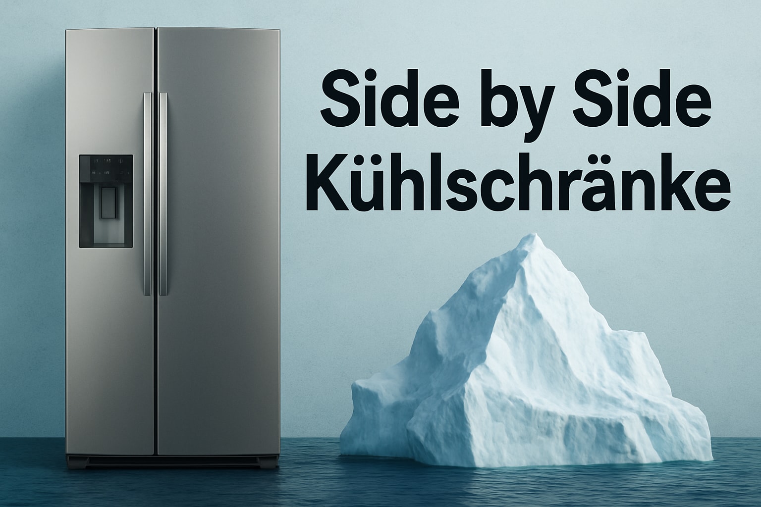 Küchenstudio Ein Side-by-Side-Kühlschrank aus Edelstahl steht neben einem großen Eisberg mit der Aufschrift "Side by Side Kühlschränke" auf einer blauen Wand.