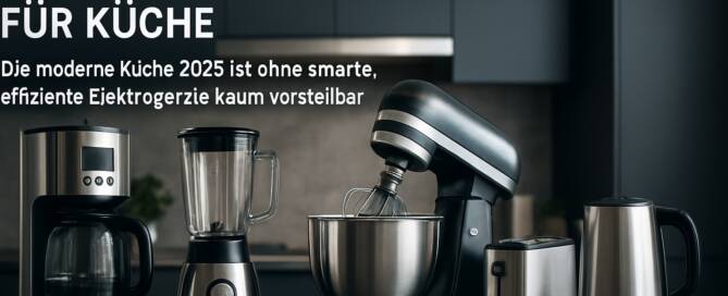 Küchenstudio Eine Auswahl an modernen Küchengeräten, darunter eine Kaffeemaschine, ein Mixer, ein Standmixer, ein Toaster und ein Wasserkocher auf einer Arbeitsplatte, mit deutschem Text über Küchengeräte.