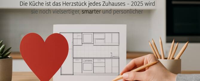 Küchenstudio Eine Hand mit einem Bleistift zeichnet einen Küchenplan auf Papier, mit einer roten Herzform und Notizblöcken auf einer Arbeitsplatte; darüber erscheint ein deutscher Text über Küchenplanung.