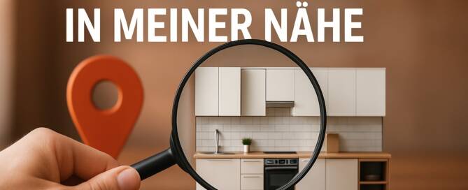 Küchenstudio Eine Hand hält ein Vergrößerungsglas über eine Modellküche mit einer Landkartennadel; der Text lautet "Küchenstudio in meiner Nähe" auf Deutsch.