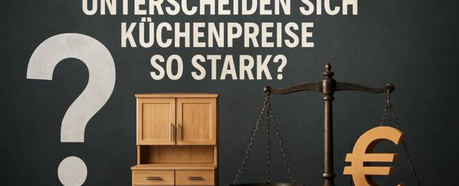 Küchenstudio Ein Küchenschrank steht neben einer großen Waage mit einem Euro-Symbol, begleitet von einem großen Fragezeichen und einem deutschen Text, der die Frage stellt, warum die Preise für Küchen so stark variieren.