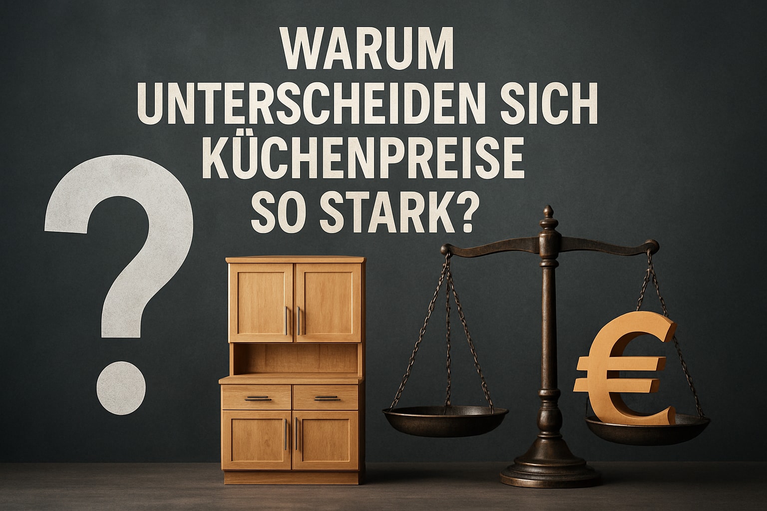 Küchenstudio Ein Küchenschrank steht neben einer großen Waage mit einem Euro-Symbol, begleitet von einem großen Fragezeichen und einem deutschen Text, der die Frage stellt, warum die Preise für Küchen so stark variieren.
