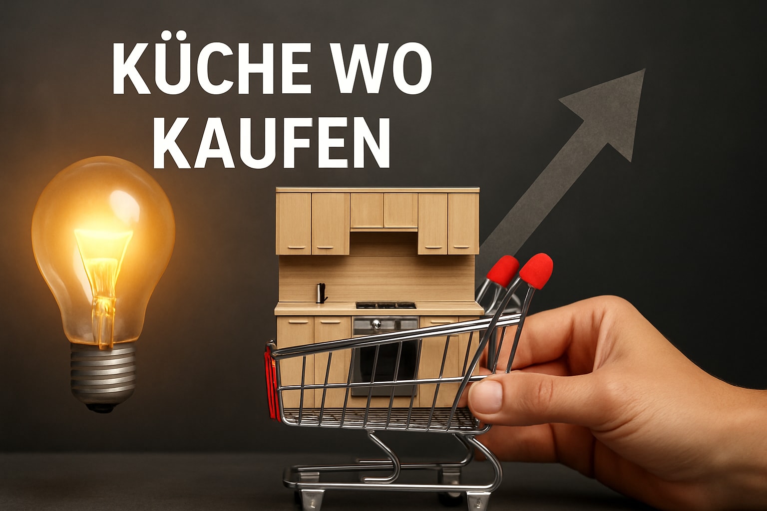 Küchenstudio Eine Hand schiebt einen Einkaufswagen mit einem Miniatur-Küchen-Set; eine Glühbirne und ein Pfeil nach oben stehen neben dem deutschen Text "KÜCHE WO KAUFEN" auf dunklem Hintergrund.