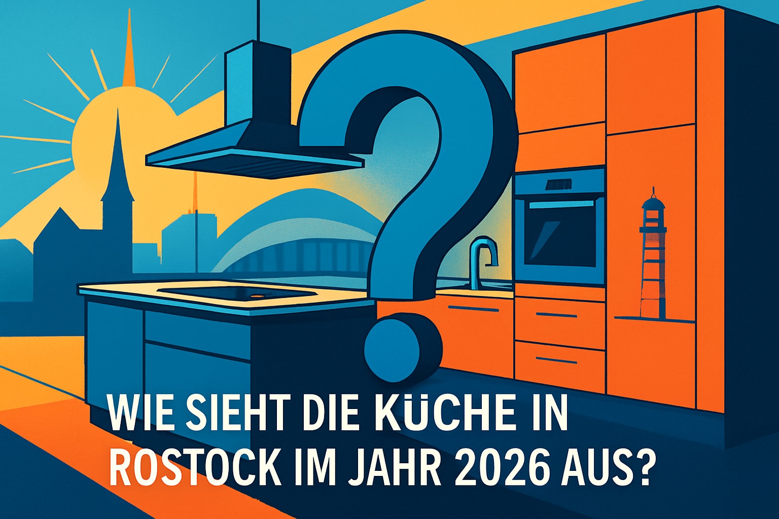 Küchenstudio Illustration einer modernen Küche mit einem großen Fragezeichen vor dem Hintergrund einer Stadtlandschaft. Der deutsche Text fragt, wie die Küchen in Rostock im Jahr 2026 aussehen werden.