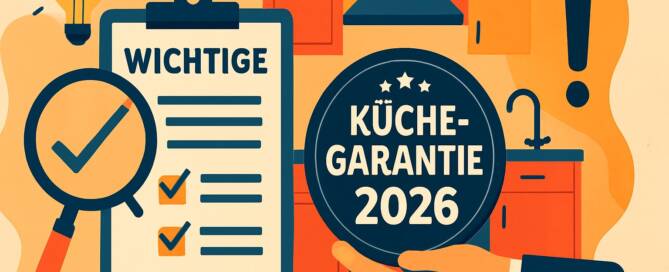 Küchenstudio Illustration einer Checkliste mit der Aufschrift "Wichtig", einer Hand, die eine Plakette mit der Aufschrift "Küchen-Garantie 2026" hält, mit Küchenelementen und Symbolen wie einer Lupe und einem Ausrufezeichen.