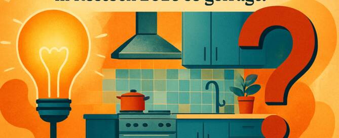 Küchenstudio Illustration einer modernen Küche mit einer Glühbirne und einem Fragezeichen, begleitet von einem deutschen Text, der nach dem Bedarf an innovativen Küchenideen in Rostock 2026 fragt.
