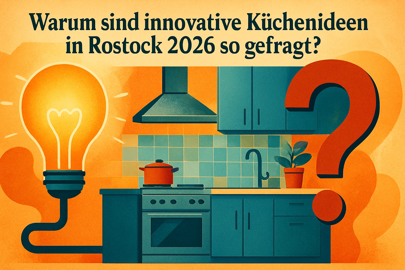 Küchenstudio Illustration einer modernen Küche mit einer Glühbirne und einem Fragezeichen, begleitet von einem deutschen Text, der nach dem Bedarf an innovativen Küchenideen in Rostock 2026 fragt.