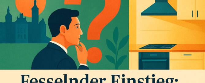 Küchenstudio Ein Mann steht nachdenklich vor einem Fragezeichen, mit einer Stadtlandschaft und einer modernen Küche im Hintergrund. Im deutschen Text wird die Herausforderung diskutiert, bis 2026 die perfekte Küche in Schwerin zu finden.