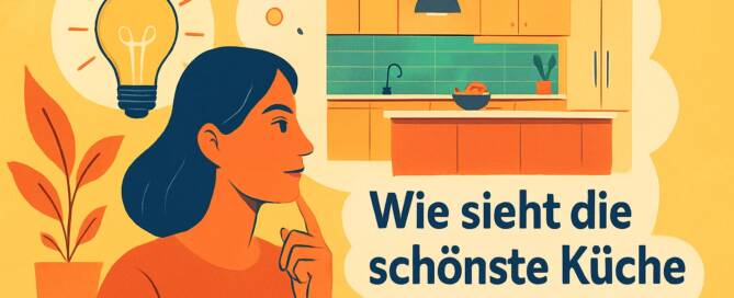 Küchenstudio Illustration einer denkenden Frau mit einer Küche im Hintergrund und dem deutschen Text "Wie sieht die schönste Küche 2026 aus?" neben ihr.