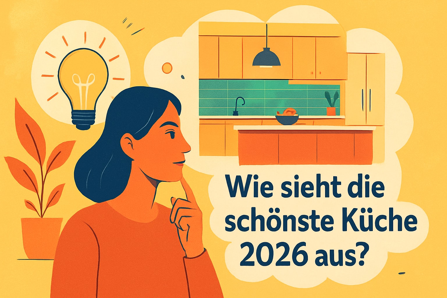 Küchenstudio Illustration einer denkenden Frau mit einer Küche im Hintergrund und dem deutschen Text "Wie sieht die schönste Küche 2026 aus?" neben ihr.